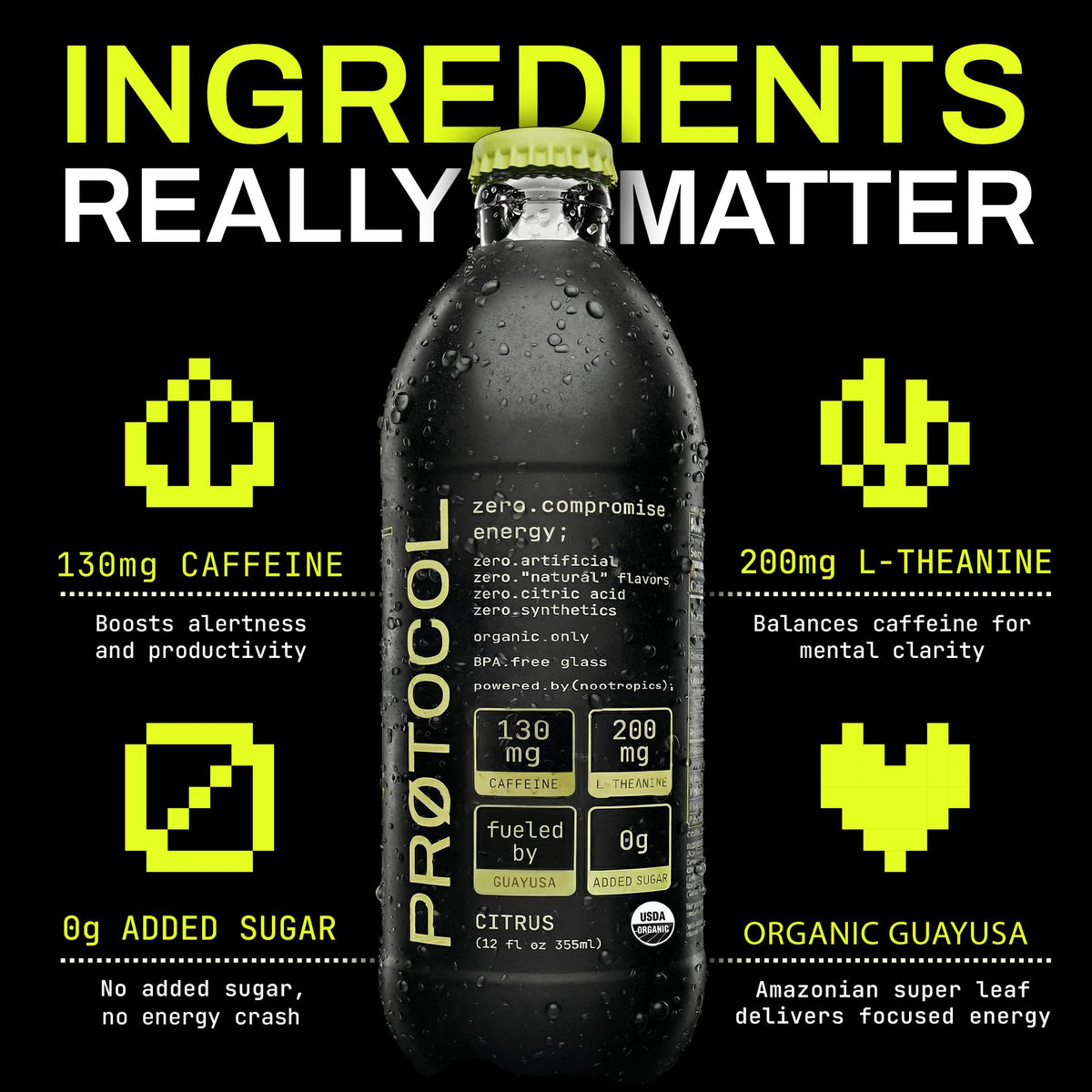 Protocol glass bottle packaging emphasizes premium, plastic-free experience.