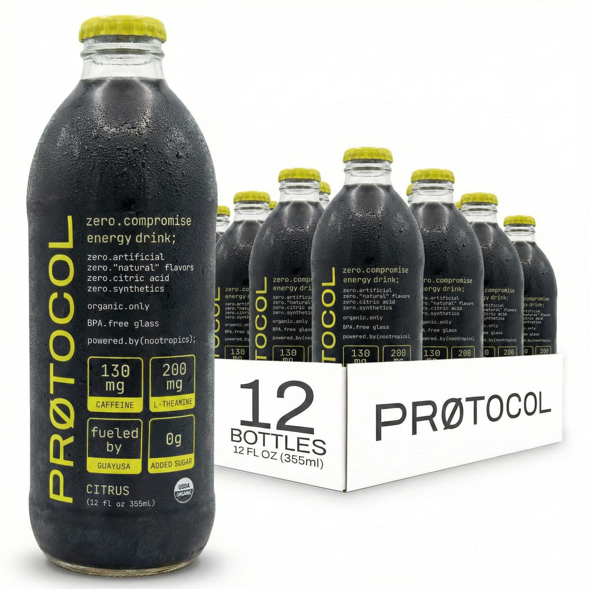 Protocol organic energy drink bottle shows glass packaging for calm, focused energy.