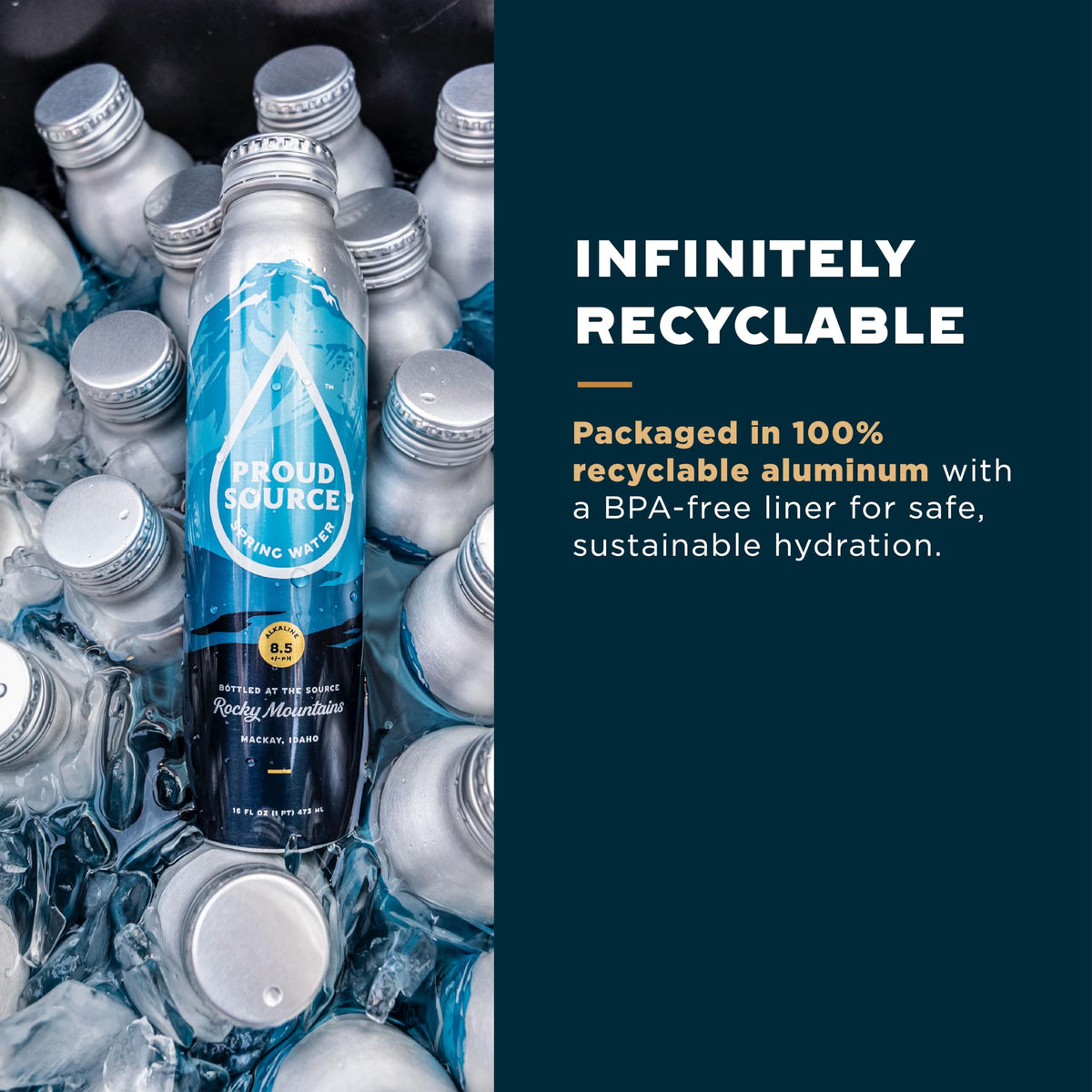 Close-up of Proud Source aluminum bottle, BPA-free and infinitely recyclable.