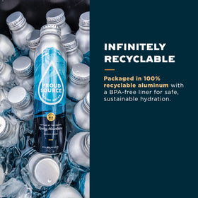 Close-up of Proud Source aluminum bottle, BPA-free and infinitely recyclable.