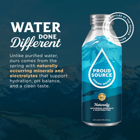 Proud Source water pours into a glass, highlighting natural minerals and clean taste.