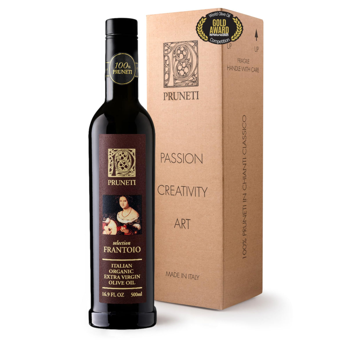 Pruneti Frantoio olive oil bottle — premium finishing oil for salads and breads