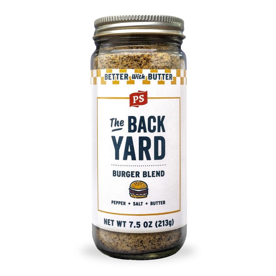 PS Seasoning Backyard Burger Seasoning bottle highlighted for buttery flavor and versatility