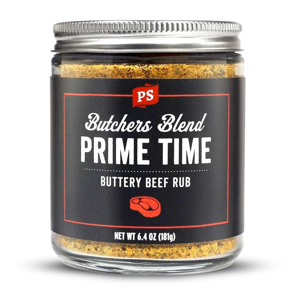PS Seasoning Prime Time Butchers Blend bottle; enhances grill-ready beef with buttery garlic herb flavor.