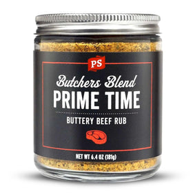 PS Seasoning Prime Time Butchers Blend bottle; enhances grill-ready beef with buttery garlic herb flavor.