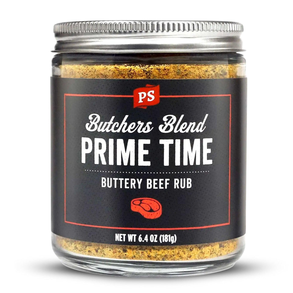 PS Seasoning Prime Time Butchers Blend bottle; enhances grill-ready beef with buttery garlic herb flavor.