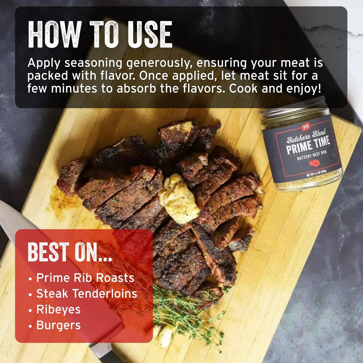 PS Seasoning Prime Time Butchers Blend on burgers; elevates savory, crowd-pleasing patties.