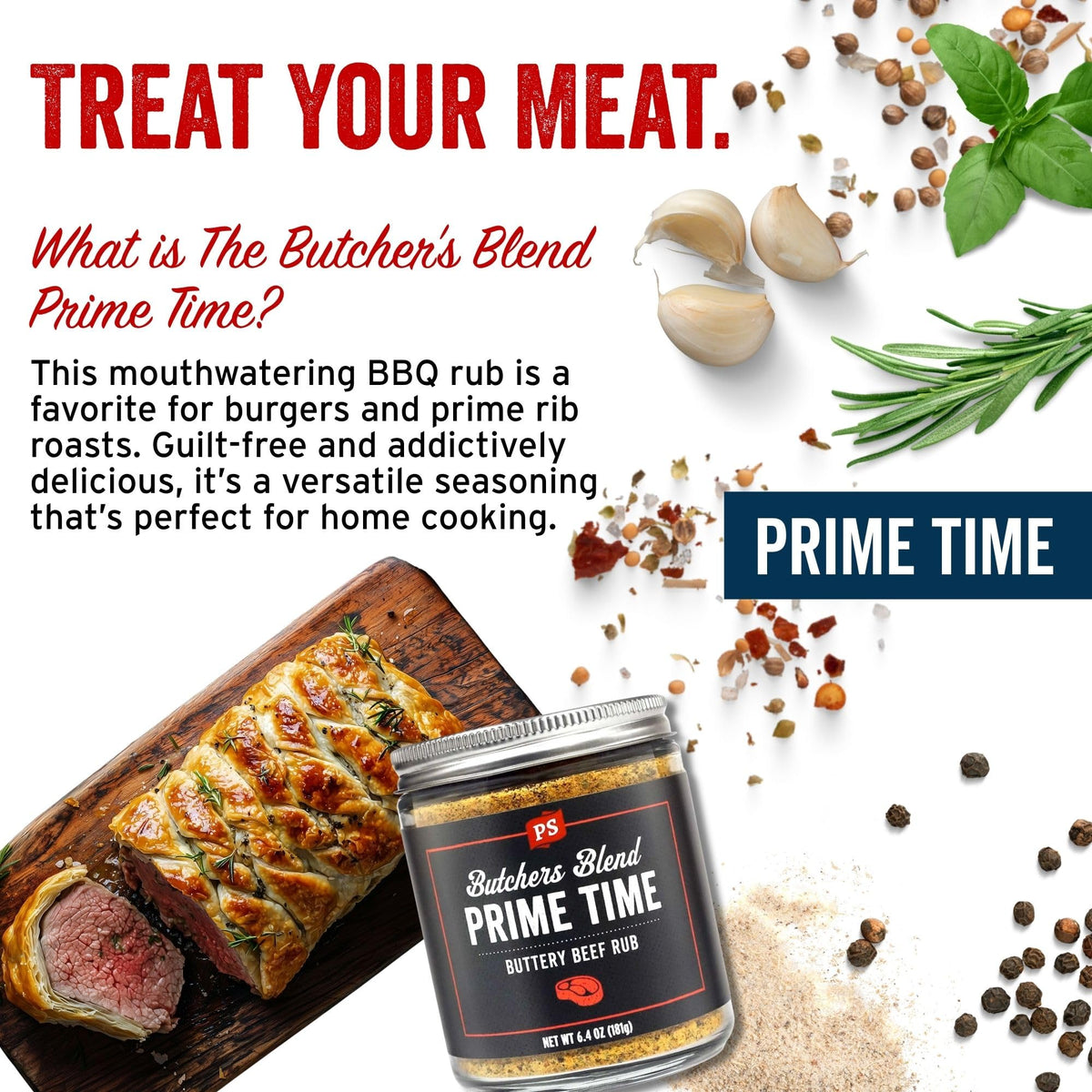 PS Seasoning Prime Time Butchers Blend in kitchen scene; ready to season prime cuts.