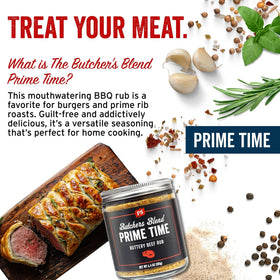 PS Seasoning Prime Time Butchers Blend in kitchen scene; ready to season prime cuts.