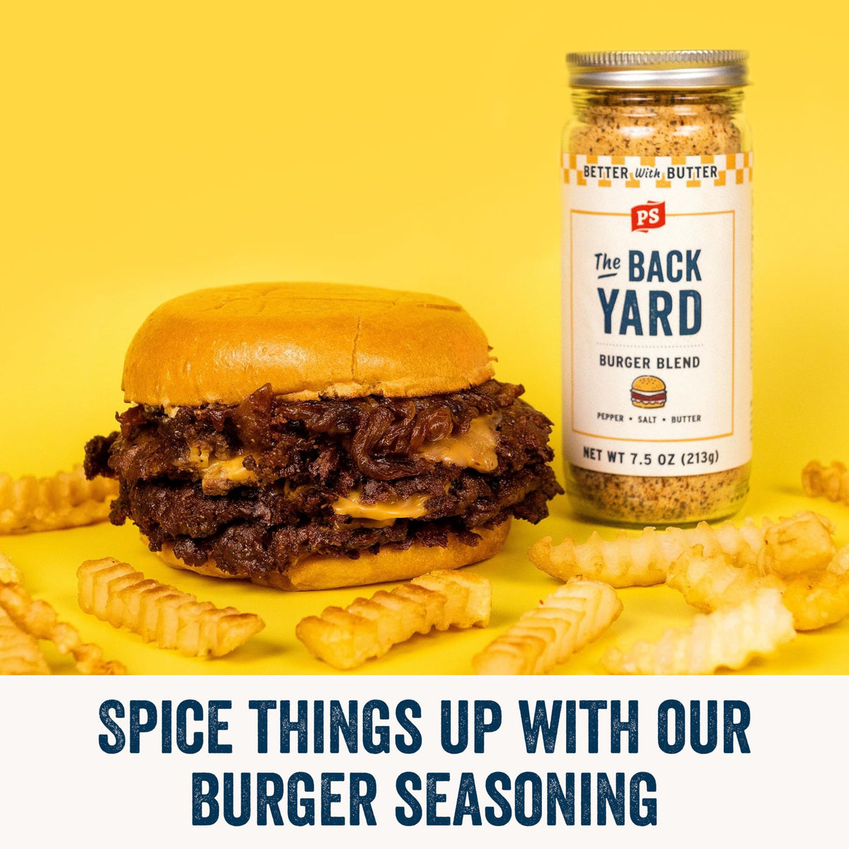 Applying PS Seasoning Backyard Burger Seasoning to a steak for even crust