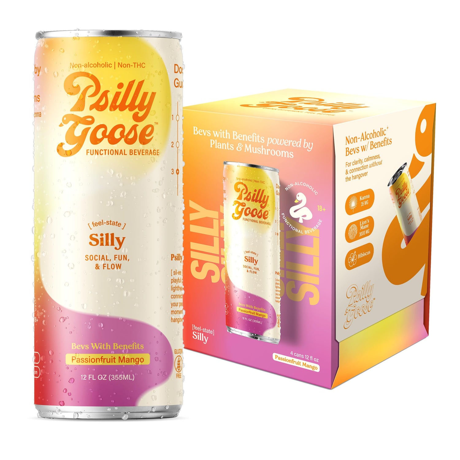 Psilly Goose bottle pour highlights passionfruit mango flavor for social energy.