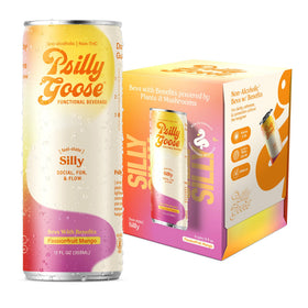 Psilly Goose bottle pour highlights passionfruit mango flavor for social energy.
