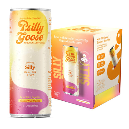Psilly Goose bottle pour highlights passionfruit mango flavor for social energy.