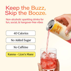 Psilly Goose glass of sparkling mocktail suggests calm focus during conversations.