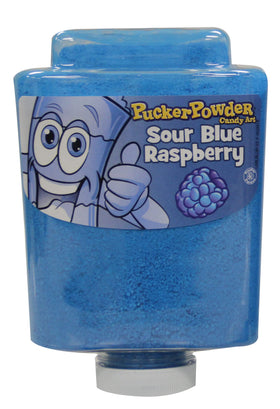Pucker Powder Sour Blue Raspberry bottle with bold blue dust for desserts