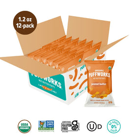 Puffworks Original Peanut Butter Puffs ingredients close-up show simple organic nuts