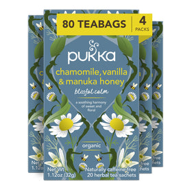 Pukka Chamomile Vanilla Manuka Honey tea bags steeping for a calming moment.