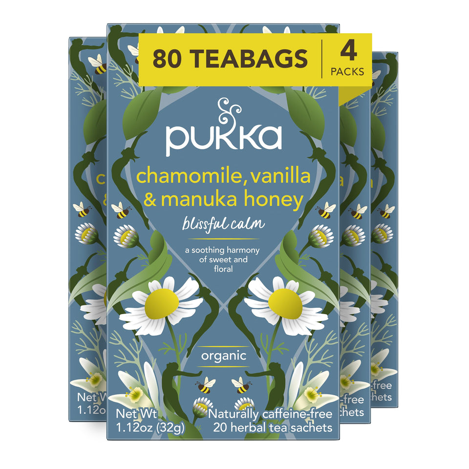 Pukka Chamomile Vanilla Manuka Honey tea bags steeping for a calming moment.