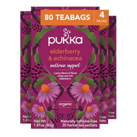 Pukka Elderberry & Echinacea tea bags ready to brew for a fruity, caffeine-free moment.