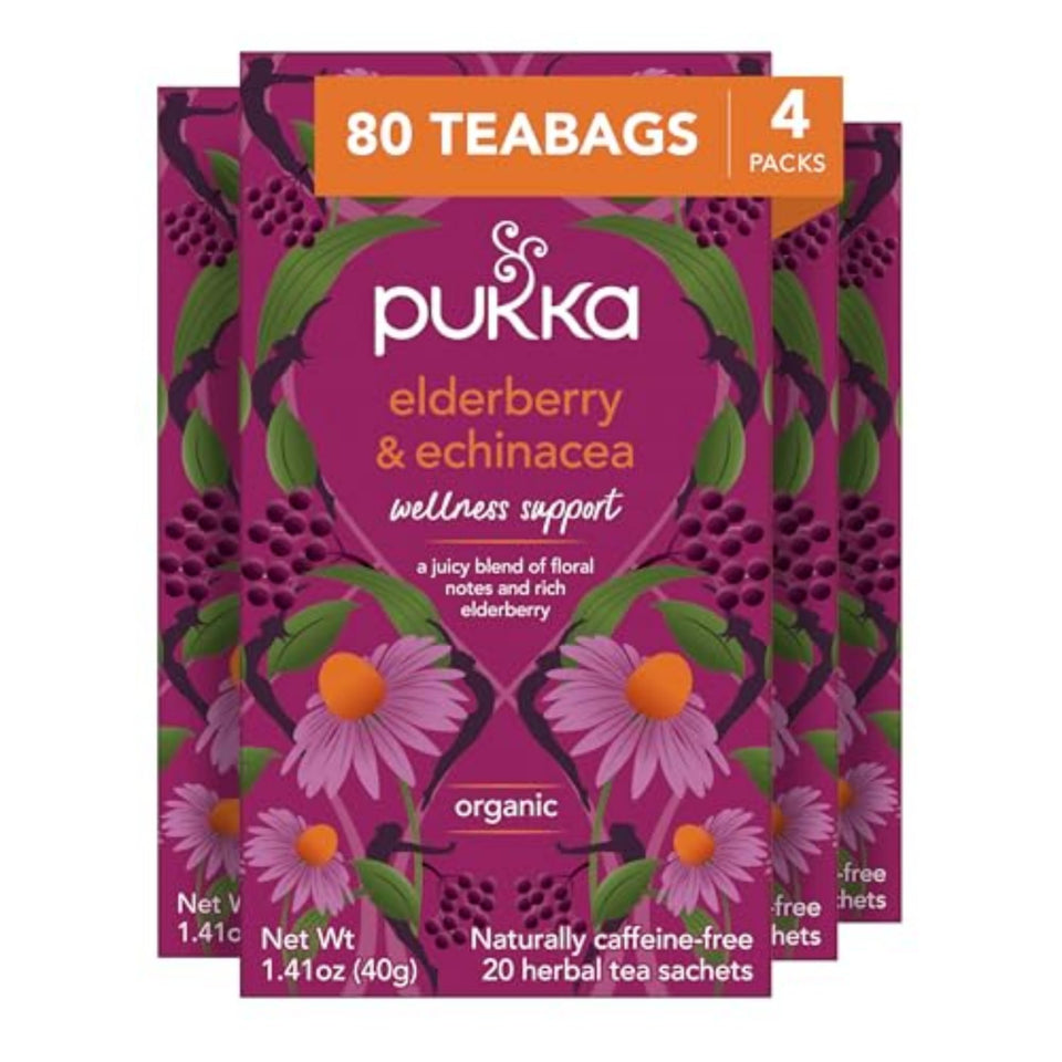 Pukka Elderberry & Echinacea tea bags ready to brew for a fruity, caffeine-free moment.