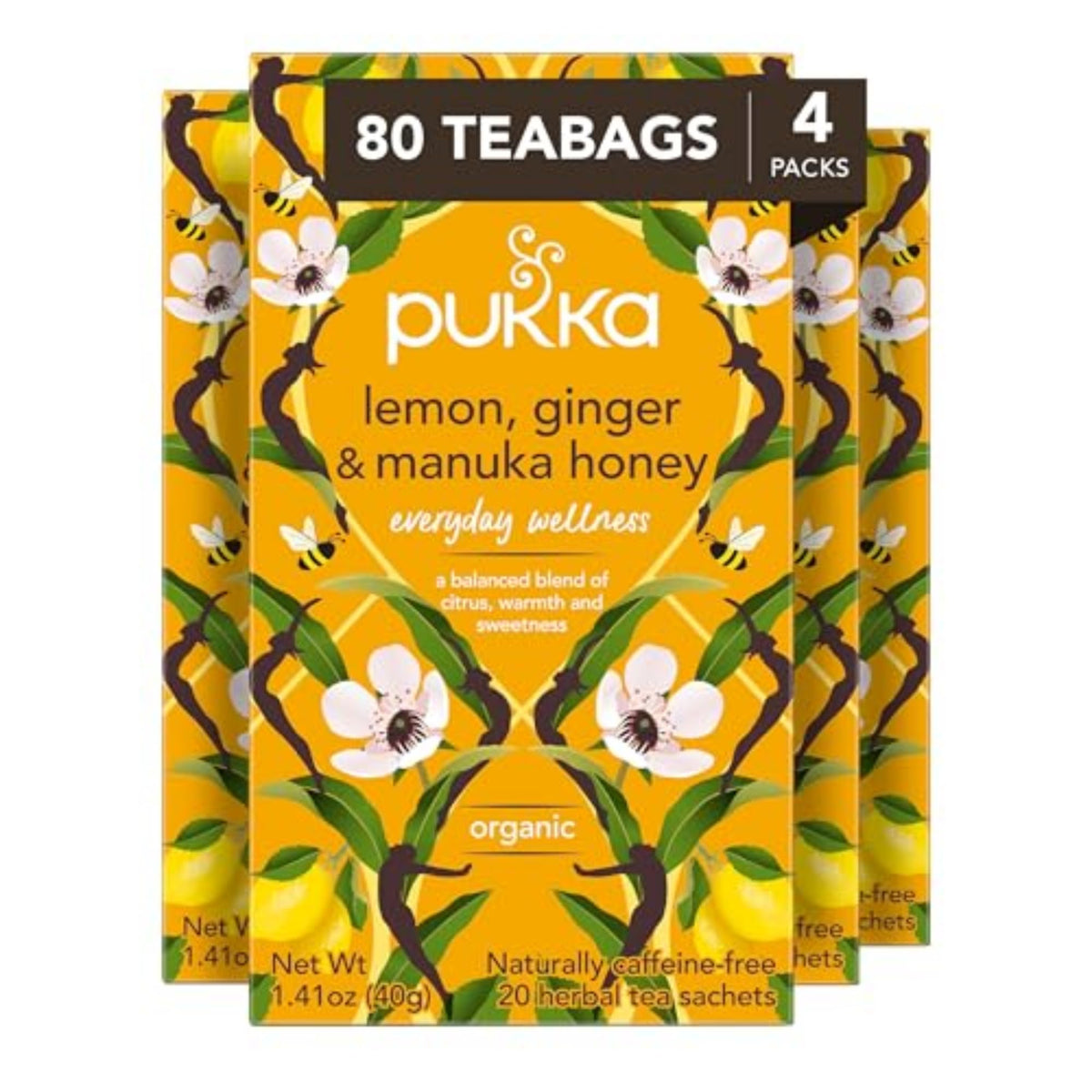 Pukka Lemon Ginger Manuka Honey tea bag closeup showing lemon and ginger aroma.