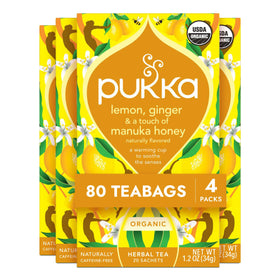 Pukka Lemon Ginger & Manuka Honey tea boxes invite a comforting, caffeine-free moment.