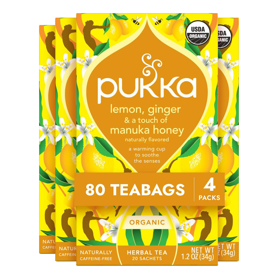 Pukka Lemon Ginger & Manuka Honey tea boxes invite a comforting, caffeine-free moment.