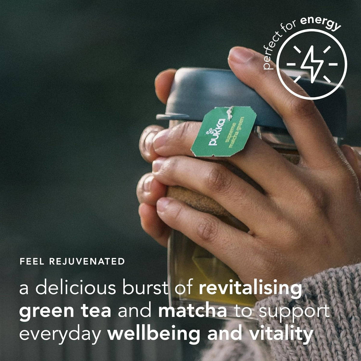 Pukka matcha powder in a cup showing emerald color and vitality.