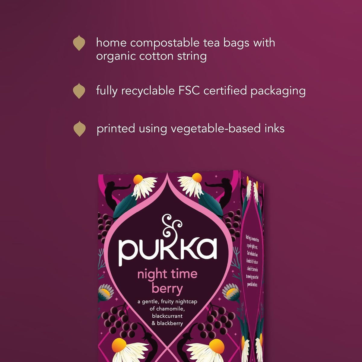 Pukka Night Time Berry label showcases organic ingredients and ethical sourcing.
