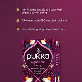 Pukka Night Time Berry label showcases organic ingredients and ethical sourcing.