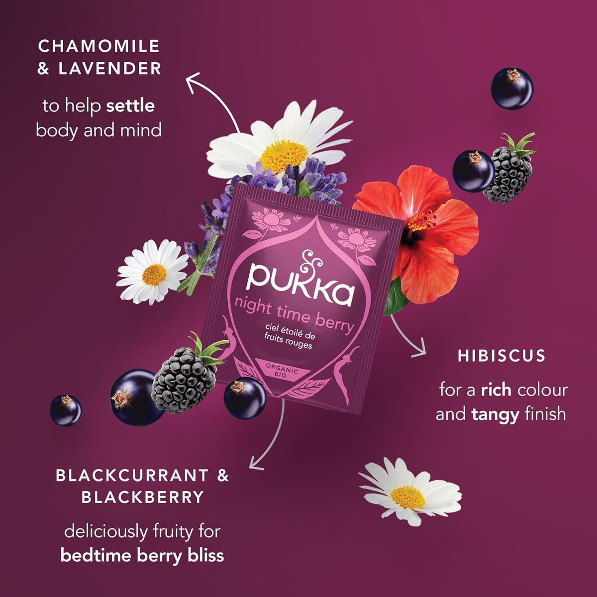 Pukka Night Time Berry chamomile and lavender notes featured in the blend.