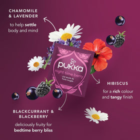 Pukka Night Time Berry chamomile and lavender notes featured in the blend.