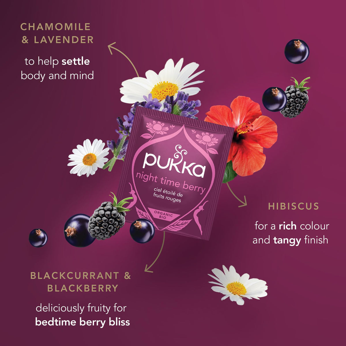 Pukka Night Time Berry steeping in hot water releasing fruity notes.