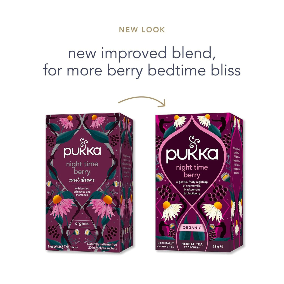 Pukka Night Time Berry four-pack showing eco-friendly packaging for sustainable tea.