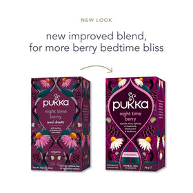 Pukka Night Time Berry four-pack showing eco-friendly packaging for sustainable tea.