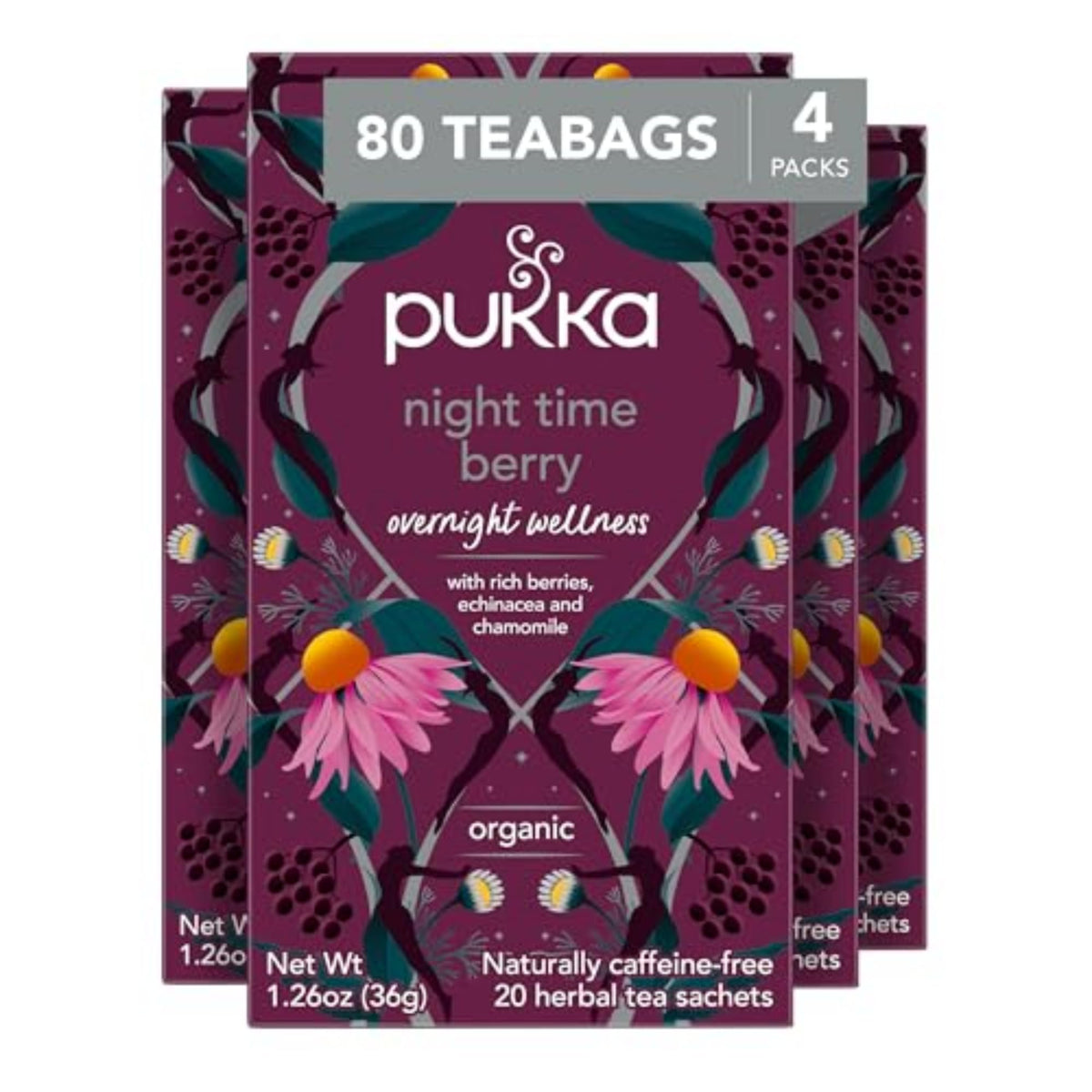 Pukka Night Time Berry tea bags ready for a calming bedtime brew.