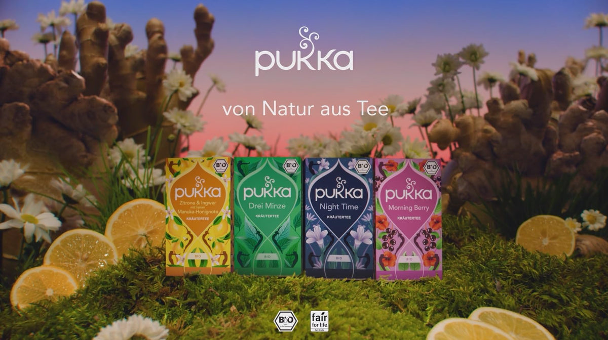Pukka Night Time tea box front features logos and product details.