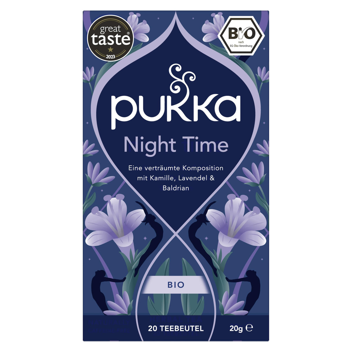 Pukka Night Time ingredients—oat flower, lavender, lime—soothing ritual before bed.