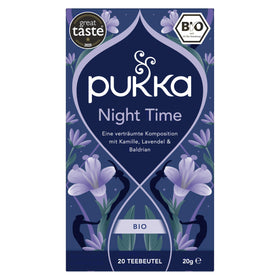 Pukka Night Time ingredients—oat flower, lavender, lime—soothing ritual before bed.