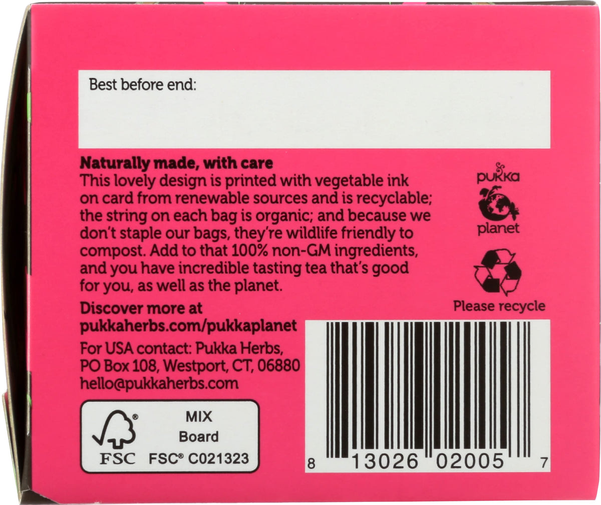 Pukka organic-herbal-tea packaging signals conscious choice and flavor integrity.