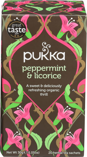 Pukka peppermint-licorice tea bags provide a refreshing aroma for a relaxing tea break.