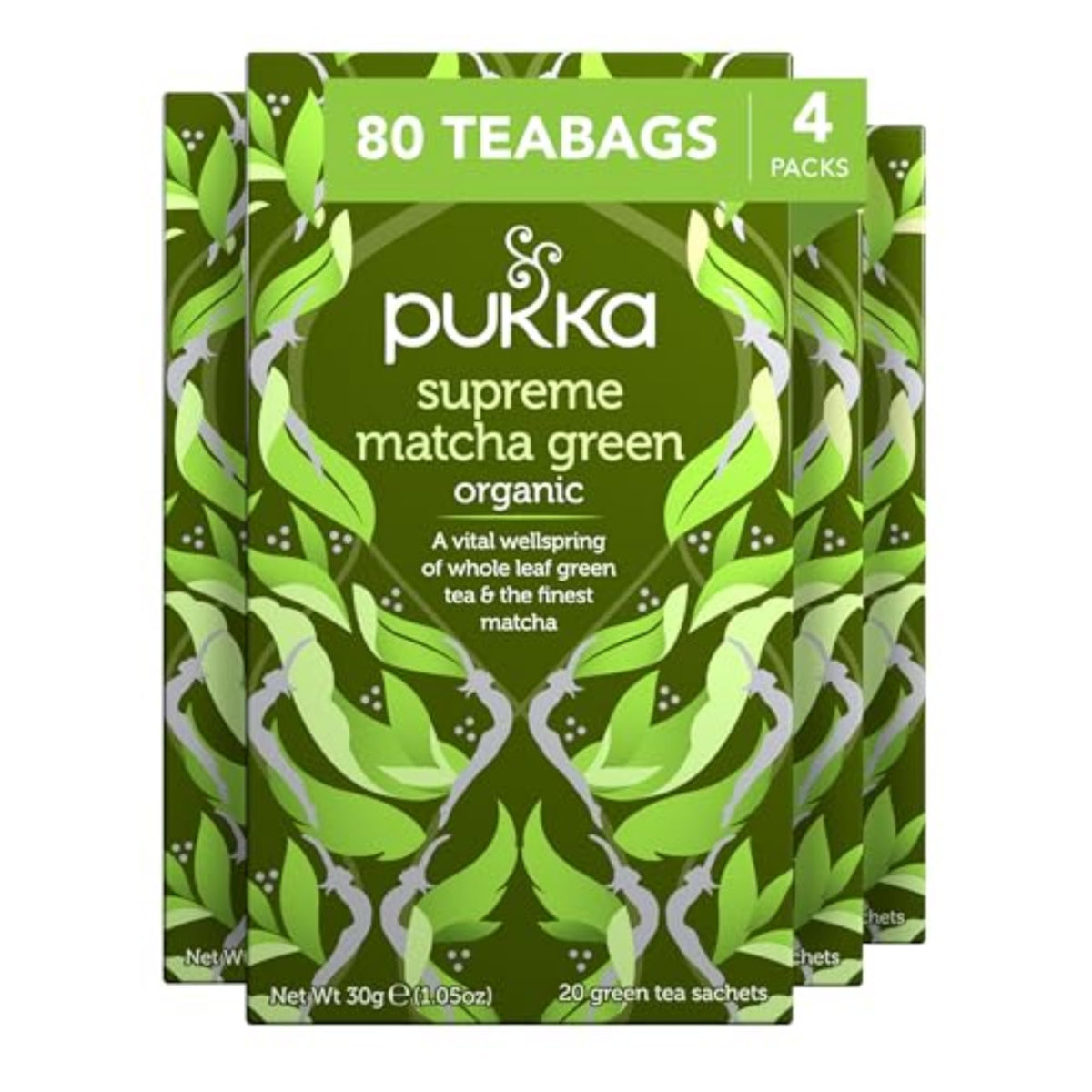 Pukka Supreme Matcha green tea bag ready for a caffeine-free morning boost.