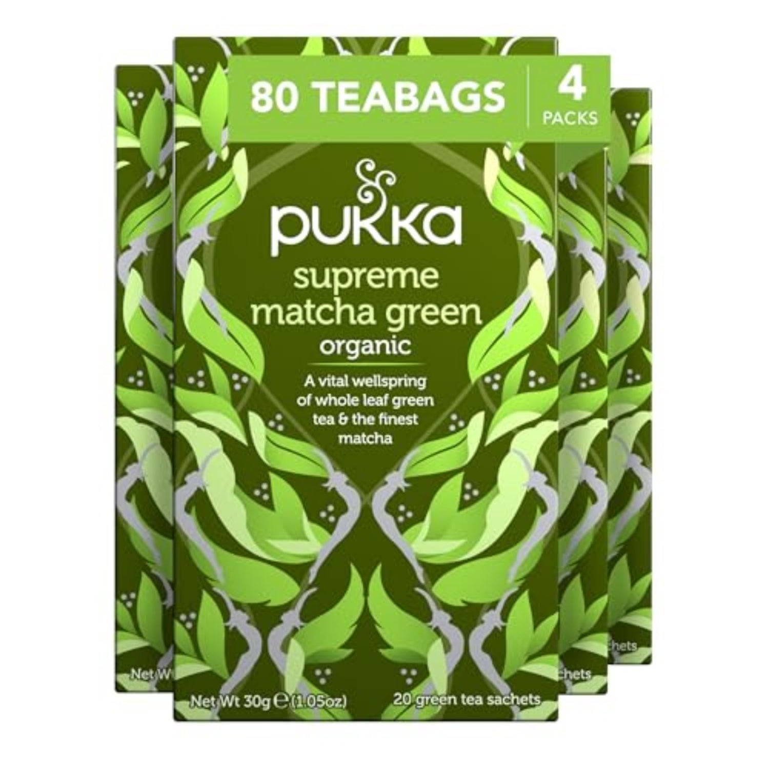 Pukka Supreme Matcha green tea bag ready for a caffeine-free morning boost.