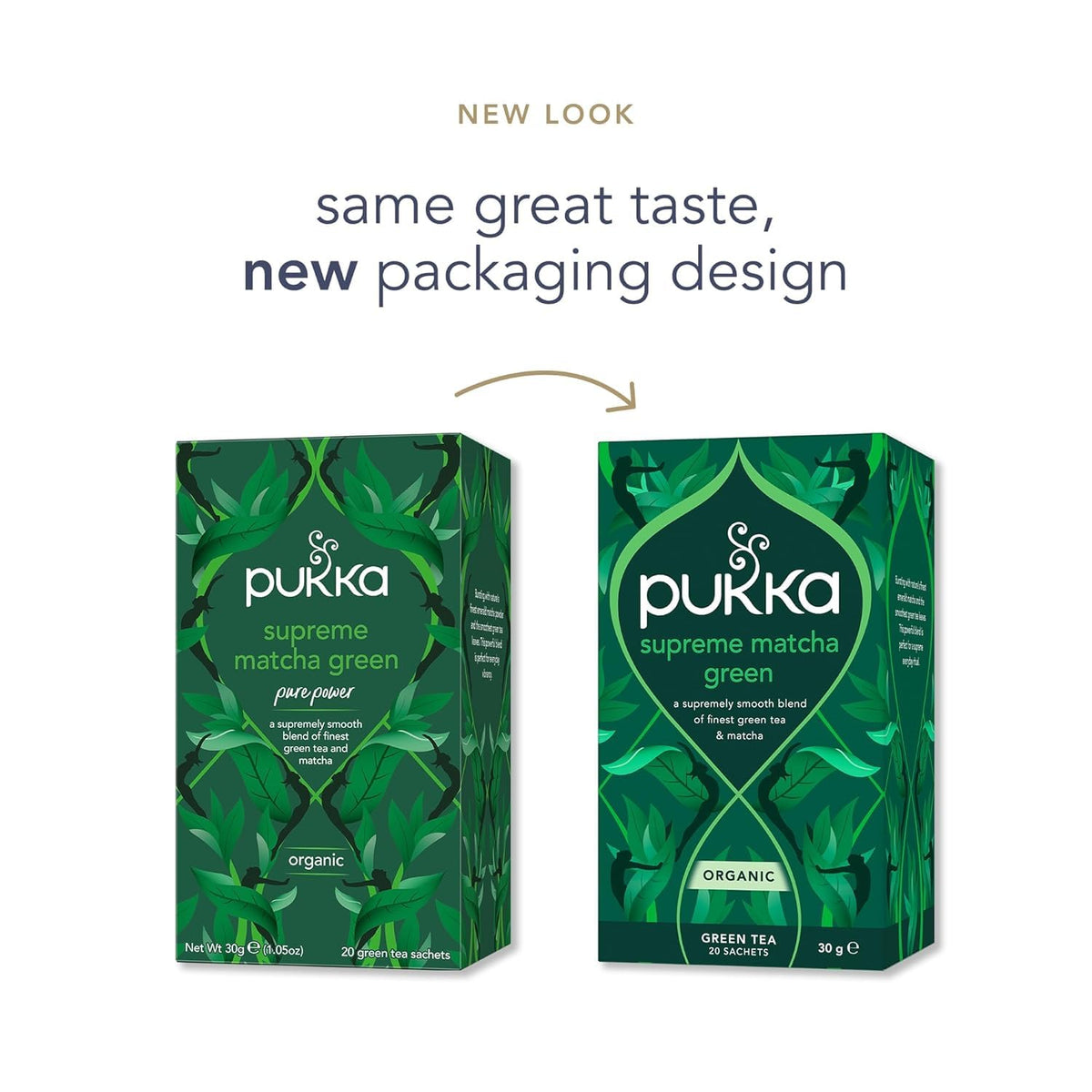 Pukka Supreme Matcha packaging with eco-friendly recyclable envelope.