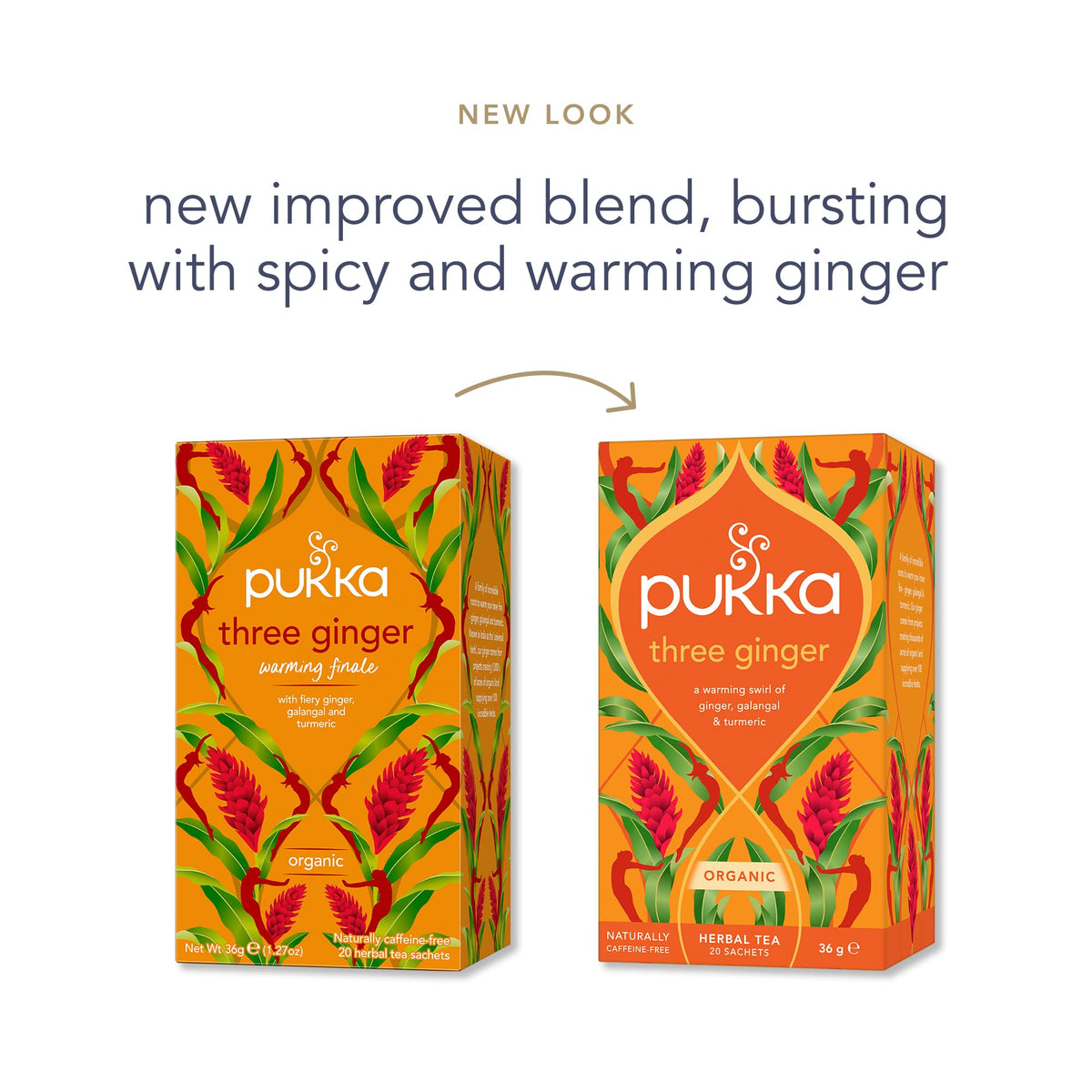 Pukka Three Ginger tea bags ready for anytime, caffeine-free comfort