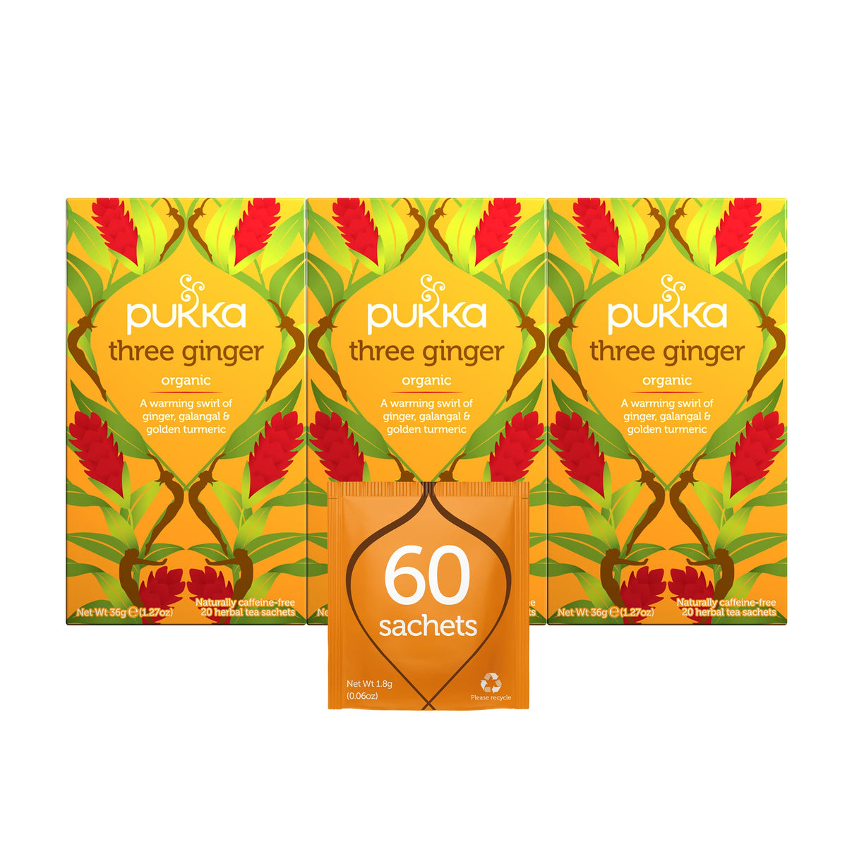 Pukka Three Ginger tea pack front view, convenient three-pack for cozy evenings.