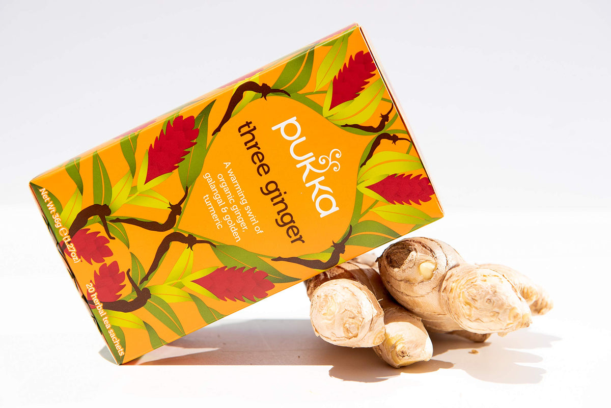 Pukka Three Ginger packaging detail highlighting recyclable envelope.