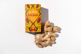 Pukka Three Ginger serving cup with warm, inviting brew.