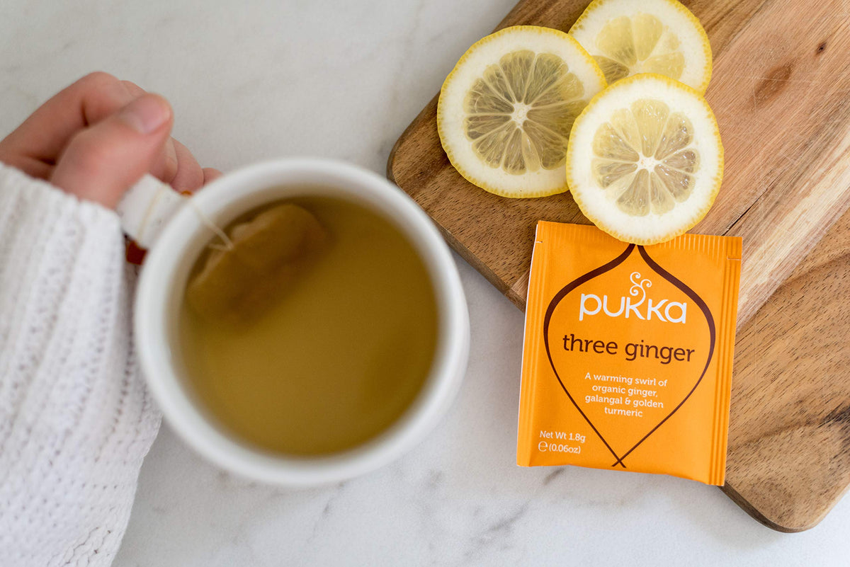 Pukka Three Ginger pack steeping setup for rich flavor release.