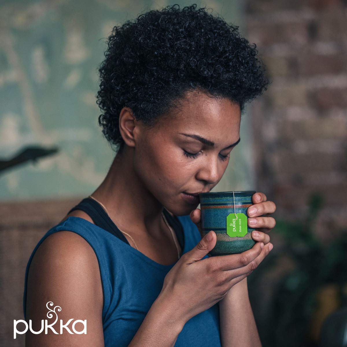 Pukka Three Mint tea bags on shelf ready to brew